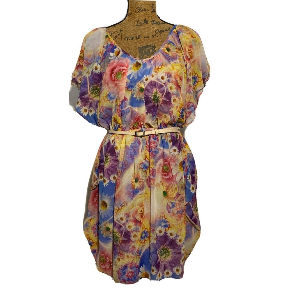 Gabby Skye Dress 8 Colorful Floral Ruffle Flounce Lined Belt Party‎ Pretty